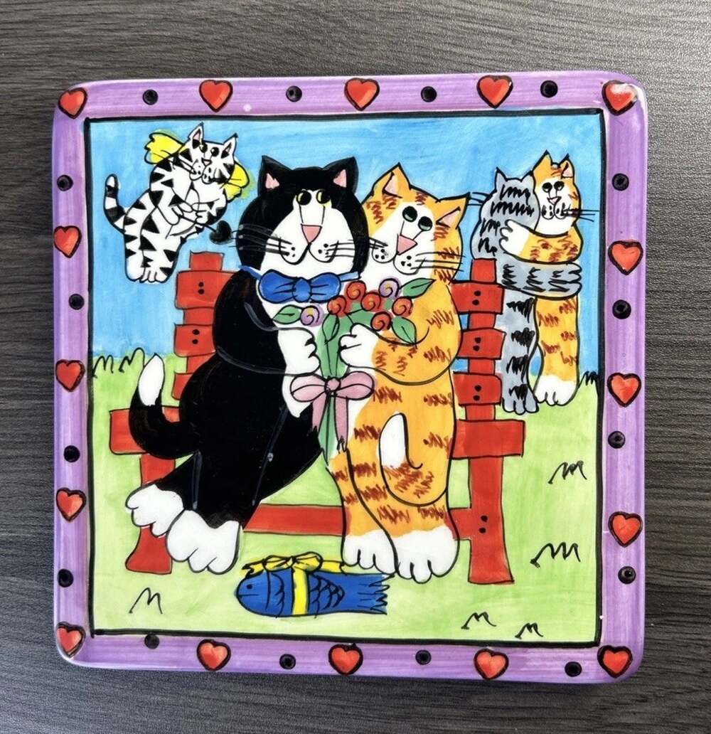 CATZILLA CANDACE REITER 6" TRIVET TILE ART CATS IN LOVE 2002 Ceramic Vintage